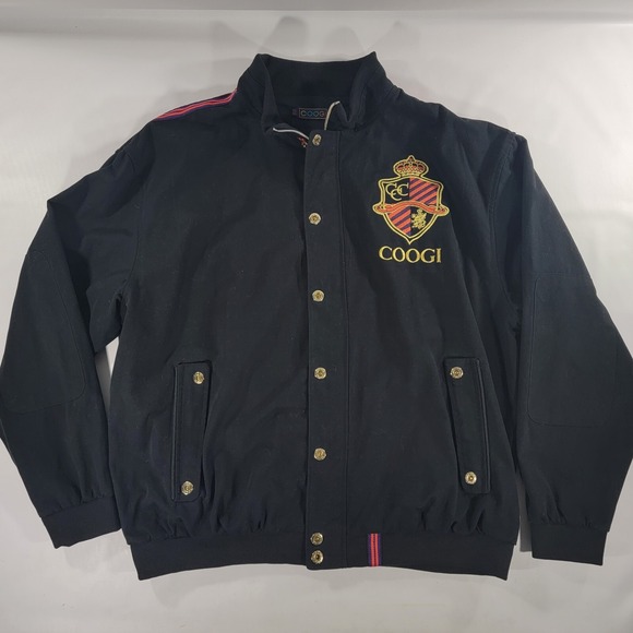 Coogi Embroidered Varsity Bomber Jacket Men's Size 4XL Black Denim Button Zip - Picture 1 of 12